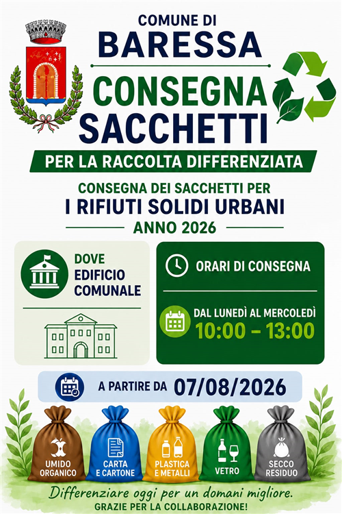 Consegna dei sacchetti per la raccolta differenziata â€“ Anno 2026