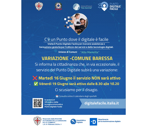 Avviso variazione servizio Punto Di Facilitazione Digitale